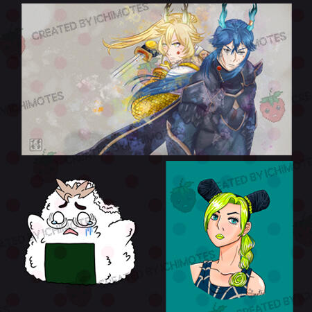 Sample of various illustrations ichimotes has created. Top image are two armor cladded siblings. Bottom left is a partially eaten rice ball with a distressed face; the right is a profile of Kujo Jolene from a comic series called "Jojo's Bizzare Adventure: