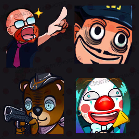 Sample emotes ichimotes have done. From left: A bald man with a red beard pointing up with a navy blue shirt and pink tie, a close up of a man looking up with heavy bags under his eyes with a bitter smile, a bear with a cowboy hat pointing a gun at someone
