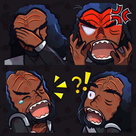 Sample emotes ichimotes have done as a bundle. Image shows 4 emotes of Martok face palming, getting angry, laughing and being surprised.