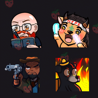 Sample emotes ichimotes have done as animated GIFS. From left: A bald man with a red beard taking notes in a notebook, nodding, a tauron waving glowsticks in its hands wearing a headband that reads "HYPE," a Martok look alike character wearing western clot