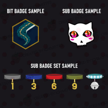 Sample Twitch subscription and bit badges ichimotes have done. From left: A dragon tail inside a hexagon shape, a white cat skull with multi-coloured eyes, and a set of pet collars with numbers 1, 3, 6, 9, and a bell dangling below.