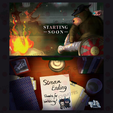 Sample of stream overlays ichimotes have created. The top image is of a bear sitting beside a bonfire with a leather cowboy hat on wearing leg armor with a shield. A robotic sidekick rests on the bear's left shoulder. The bottom image is a top down view of